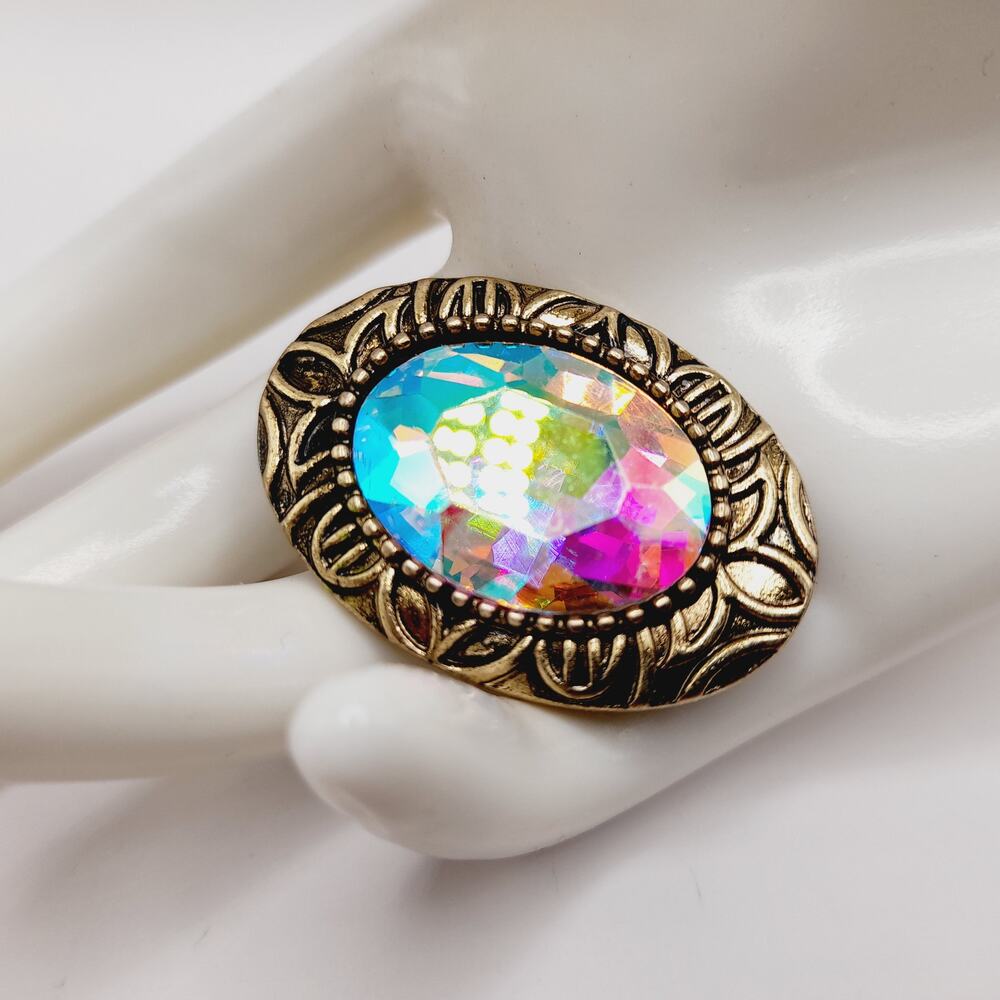Rainbow Faceted Glass Oval Brooch Gold Tone Frame Vintage Crystal Pin 1.6"